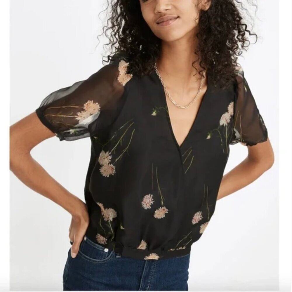 Madewell Silk Organza Puff-Sleeve Wrap Top in Aster Portrait